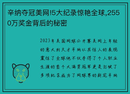 辛纳夺冠美网!5大纪录惊艳全球,2550万奖金背后的秘密